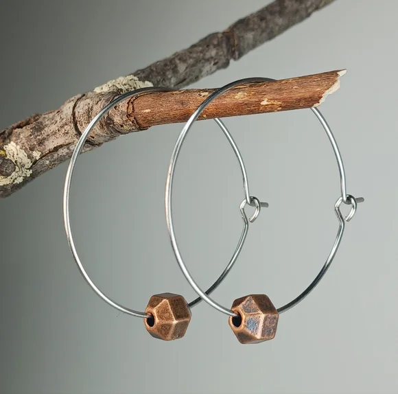 HAND CRAFTED Stainless Steel Copper Minimalist Modern Mixed Metal Hoop Earrings - Picture 3 of 5
